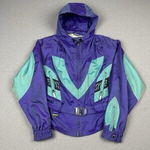 Vintage Spyder Jacket Women 10 Purple Aqua Hooded Snow Mobile Coat 80s Retro